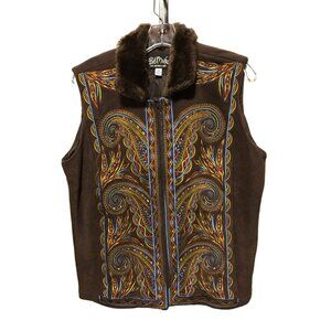Bob Macke Chocolate Brown Fleece with Embroidered Gold Swirl Pattern Zipper Fron